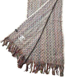 CHANEL Luxury Vintage White Pink Multi-Color Woven Cashmere Fringed Shawl Scarf